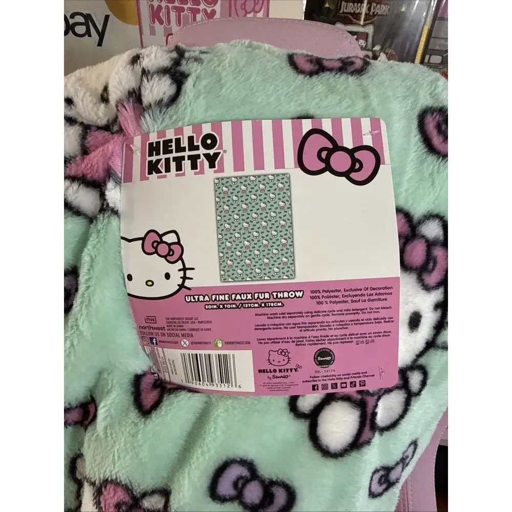 Hello Kitty Throw Blanket Ultra Fine Faux Green Fur Bowtastic Pink 2024 Sanrio